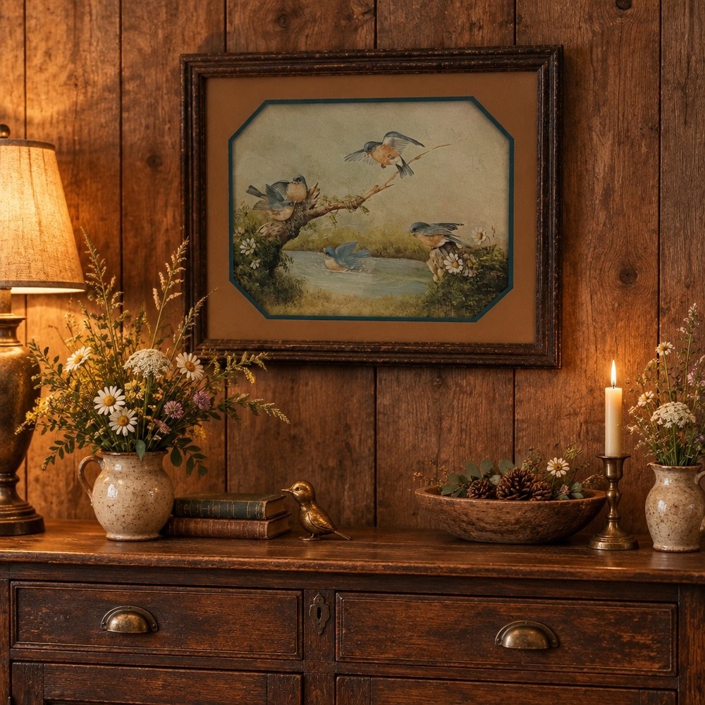 Margie Morrow Bluebird Framed Art Print Brown Nature Cottagecore Wall Decor 1983